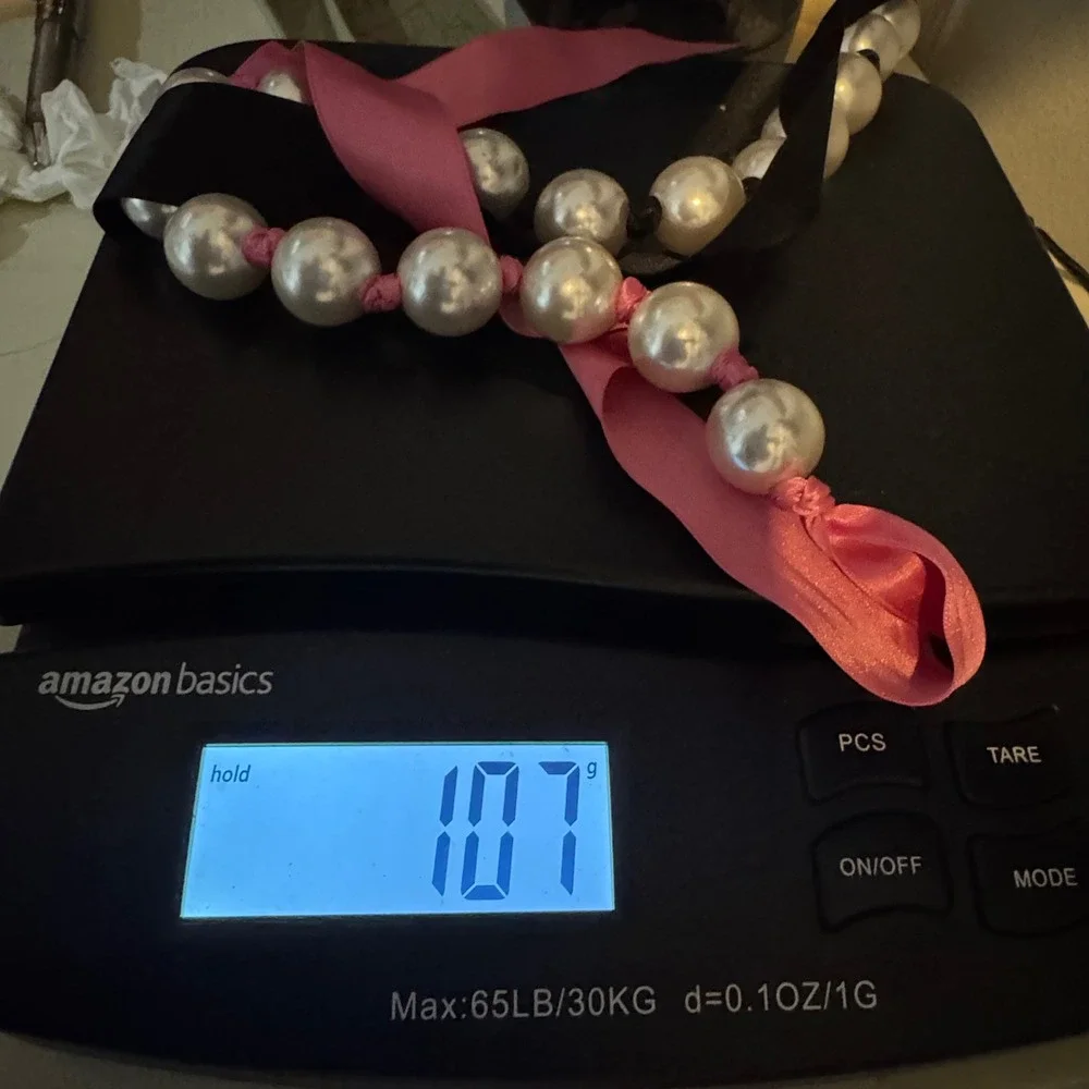 Oversized Faux Pearl Statement Necklace Ribbon Tie ‎ Pink Black Satin 20mm Beads